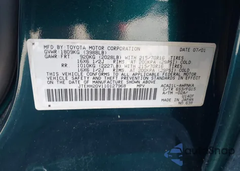 2001 Toyota Rav4 from USA, damaged, VIN JTEHH20V110127968